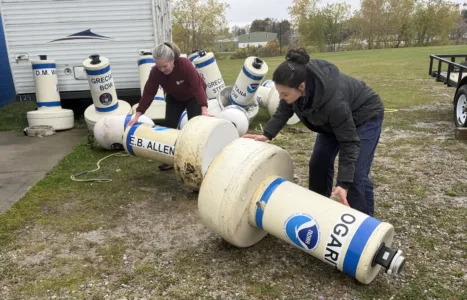 Marine sanctuary staff removes mooring buoys for the season